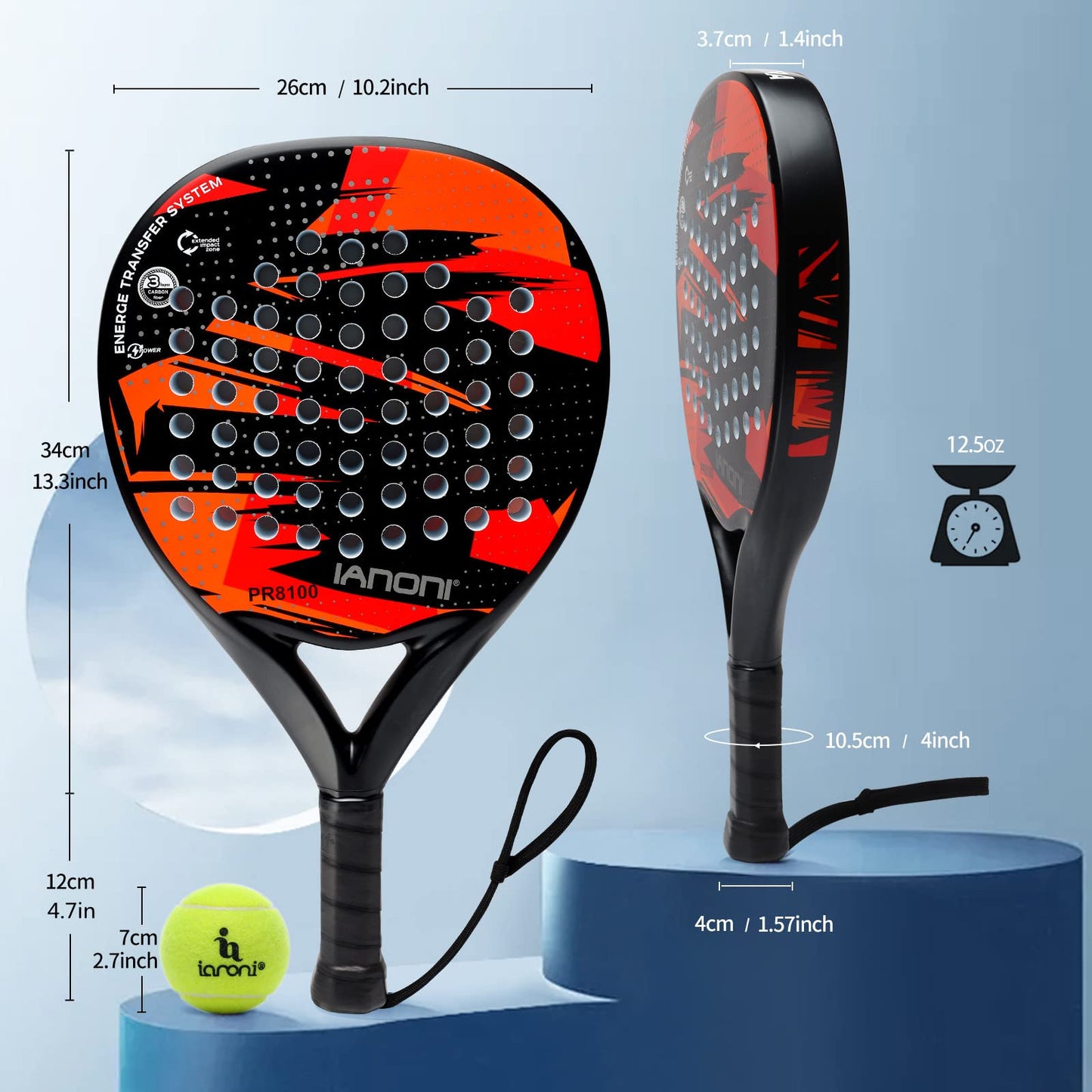 Premium Padel Racket Red, 100% Carbon Fiber