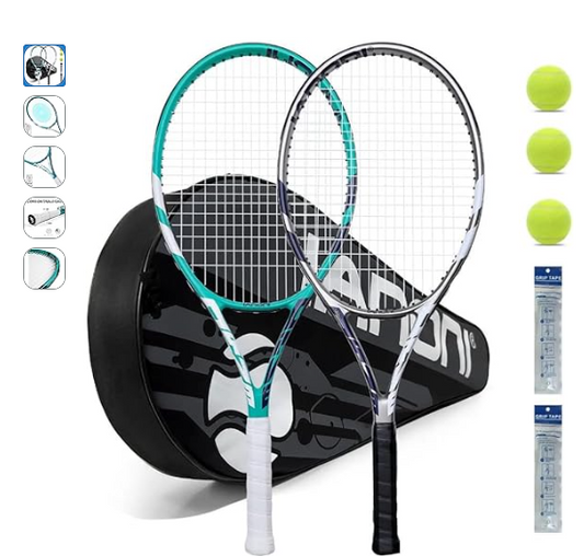 Tennis Set for Adults 27 inch 2 Player Rackets with 3 Balls, and carry bag, Shockproof Carbon Fiber Racquet Light-Weight